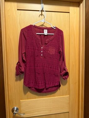 Self Esteem Burgundy Crochet Henley Tunic